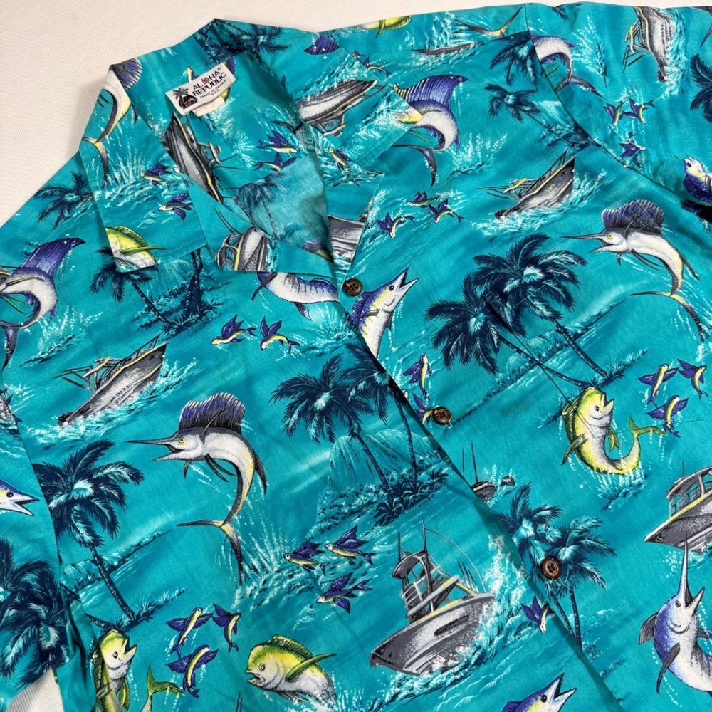 Aloha Republic Hawaiian Shirt Large Teal Cotton Fishing Marlin Boat Made Hawaii
